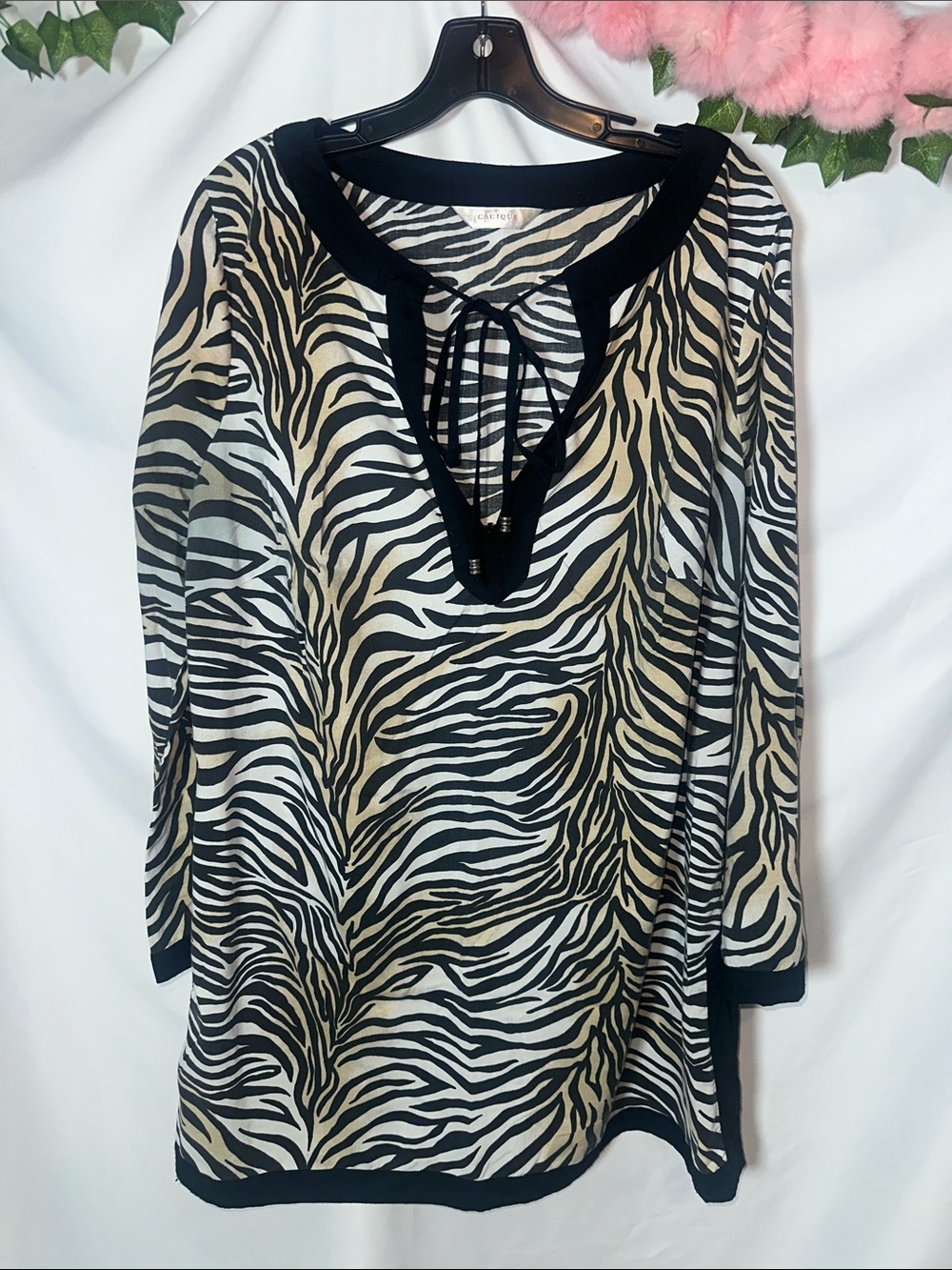 Cacique Zebra-Print Tie-Neck Long Sleeve Top - Black and Cream